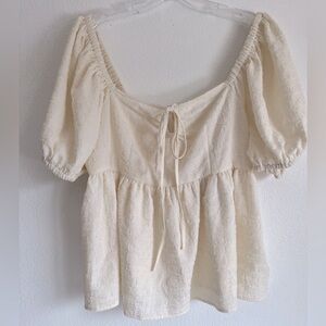 Future Collective Women's Cream Square Tie Neck Puff Sleeve Top Blouse Ivory 2X